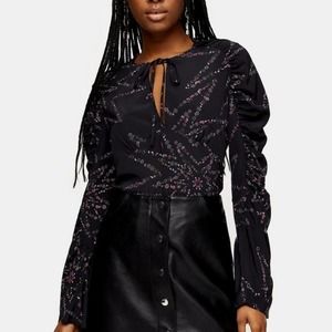 Topshop IDOL Black & Pink Star Print Prairie Blouse w/ Ruched Bell Sleeves - NWT
